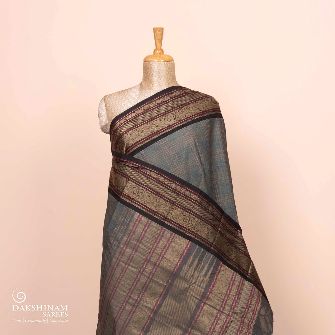 Pleats/body of Handwoven Grey with Black Kanjivaram Cotton Saree