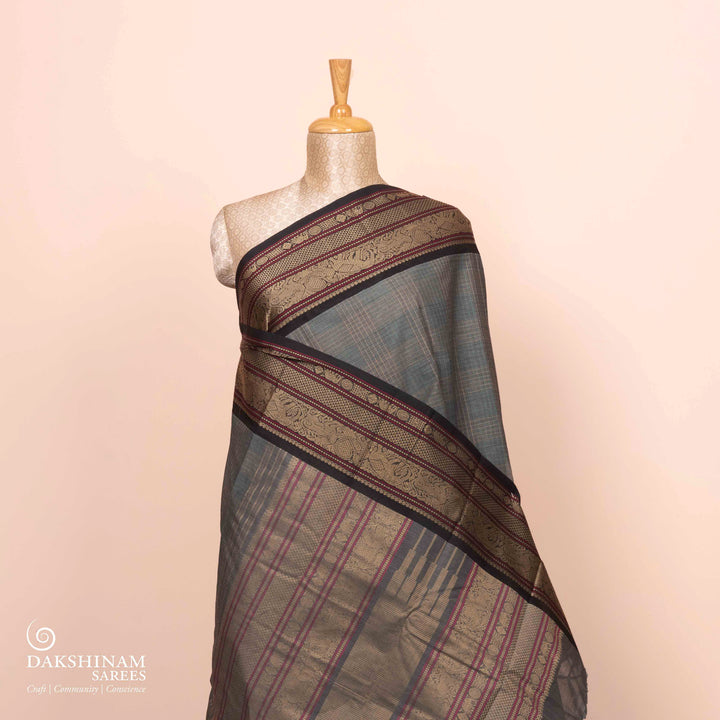 Pleats/body of Handwoven Grey with Black Kanjivaram Cotton Saree