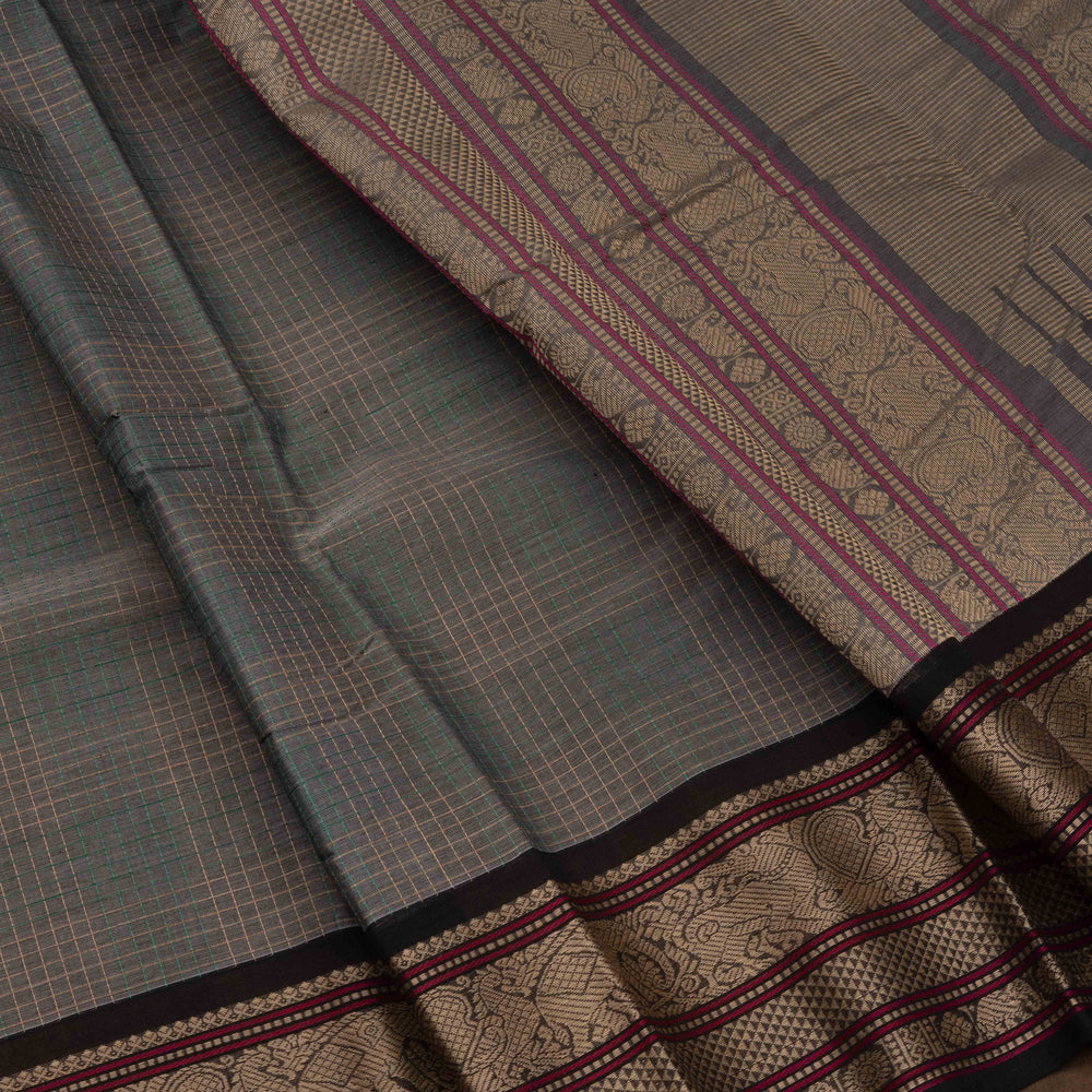 Closeup of Handwoven Grey with Black Kanjivaram Cotton Saree