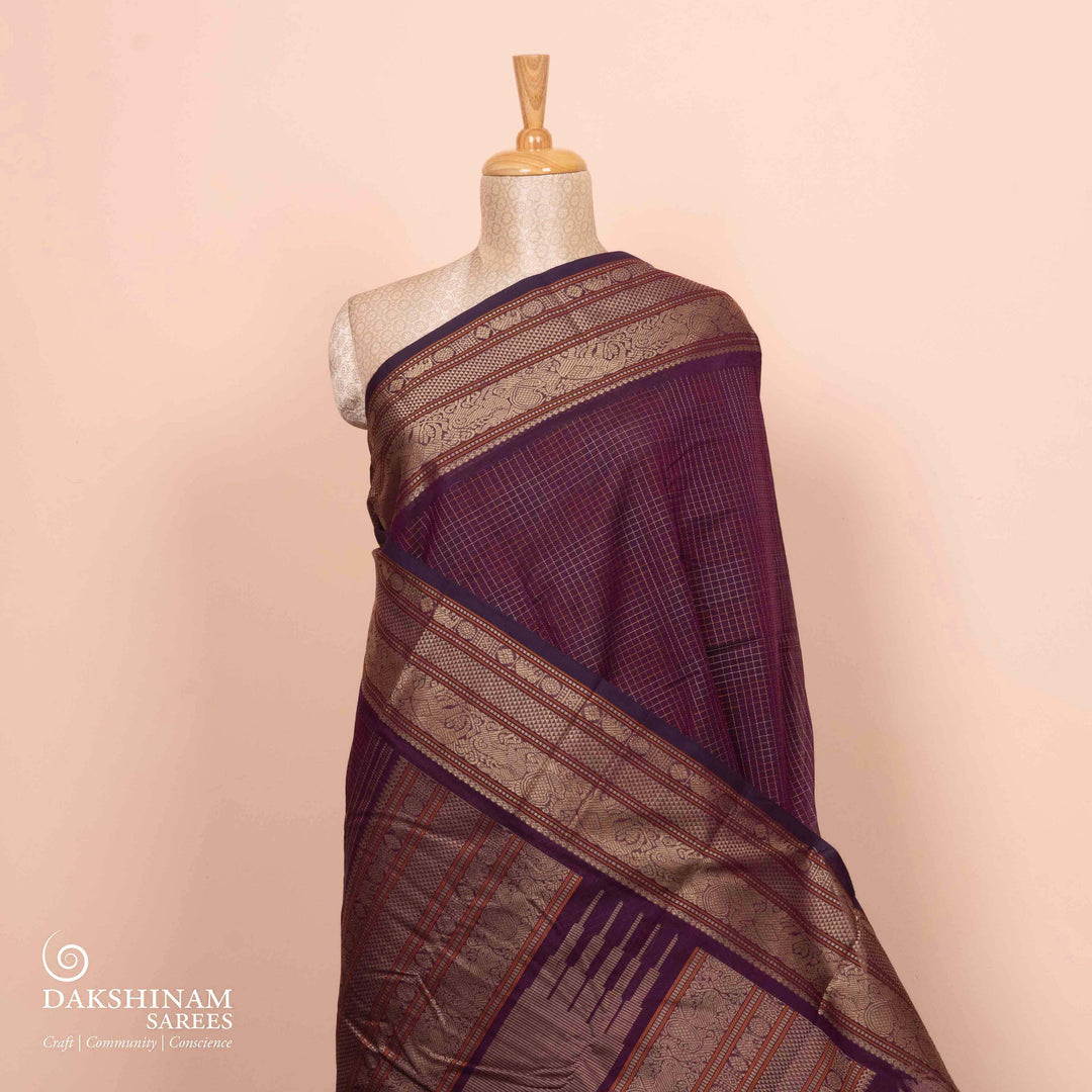 Pleats/body of Handwoven Purple Kanjivaram Cotton Saree
