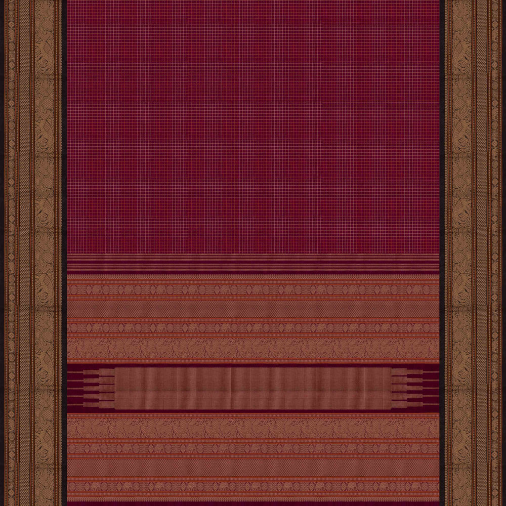 Pallu of Handwoven Wine with Black Kanjivaram Cotton Saree