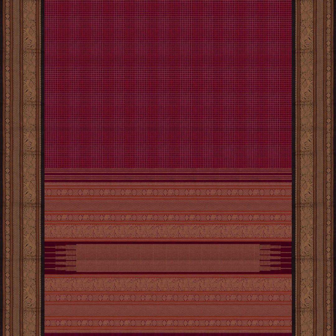 Pallu of Handwoven Wine with Black Kanjivaram Cotton Saree