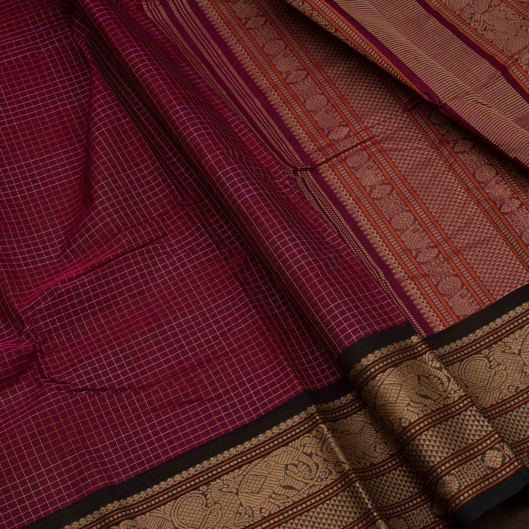 Closeup of Handwoven Wine with Black Kanjivaram Cotton Saree