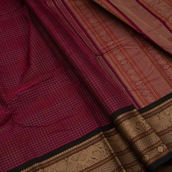 Closeup of Handwoven Wine with Black Kanjivaram Cotton Saree