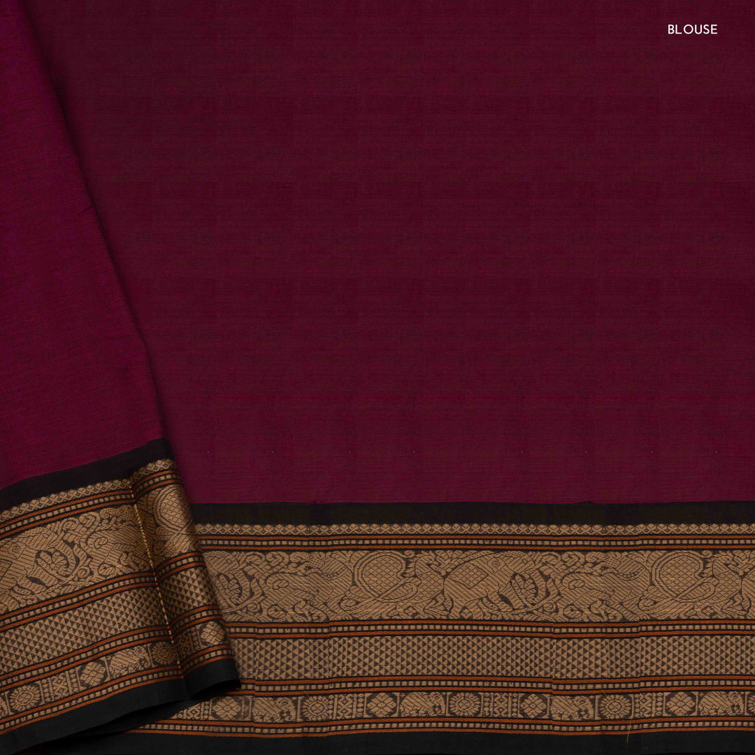 Blouse of Handwoven Wine with Black Kanjivaram Cotton Saree