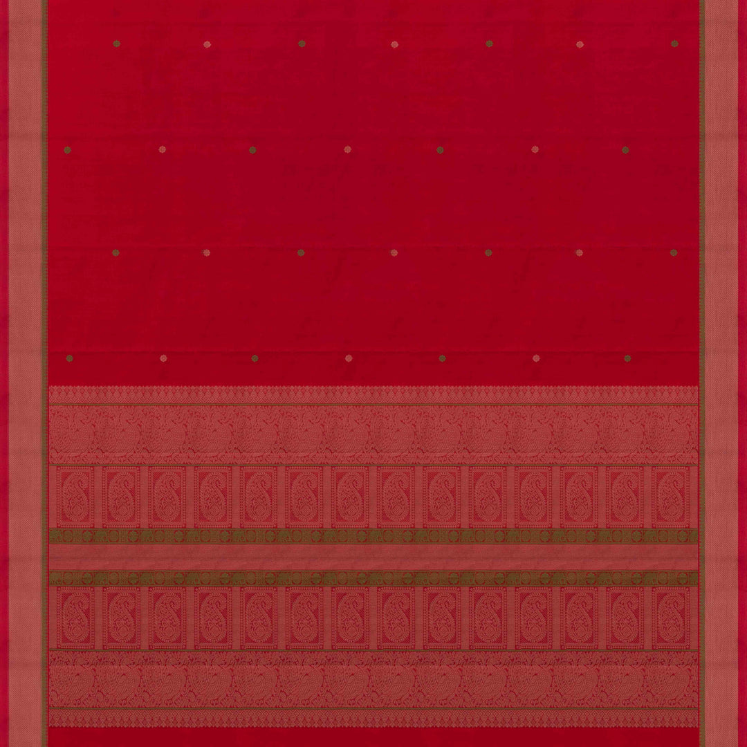Red Kanchi cotton saree with chakram butta, diagonal border and rich traditional pallu with matching blouse