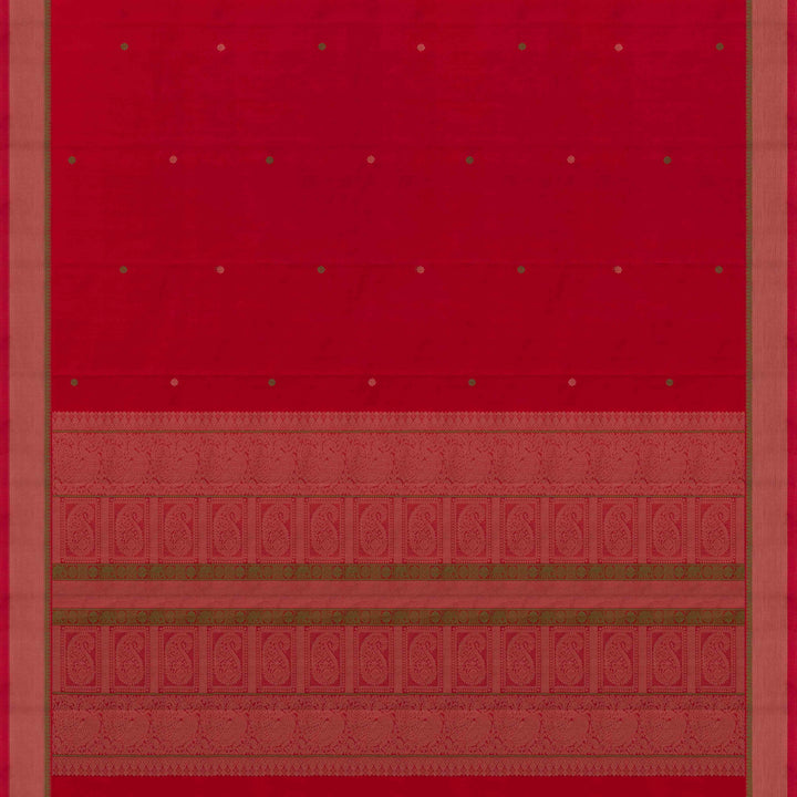 Red Kanchi cotton saree with chakram butta, diagonal border and rich traditional pallu with matching blouse