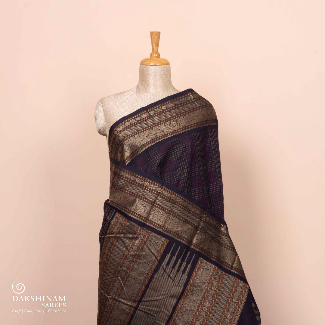 Pleats/body of  Handwoven Checks Kanjivaram Cotton Saree