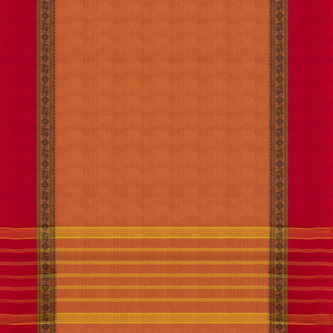 Pallu of Handwoven Orange with red border Chettinad Cotton Saree