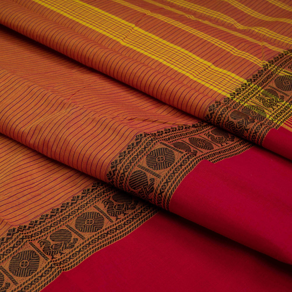 Closeup of Handwoven Orange with red border Chettinad Cotton Saree