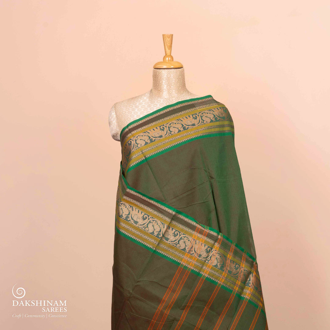 Pleats/body of Handwoven Green Chettinad Cotton Saree
