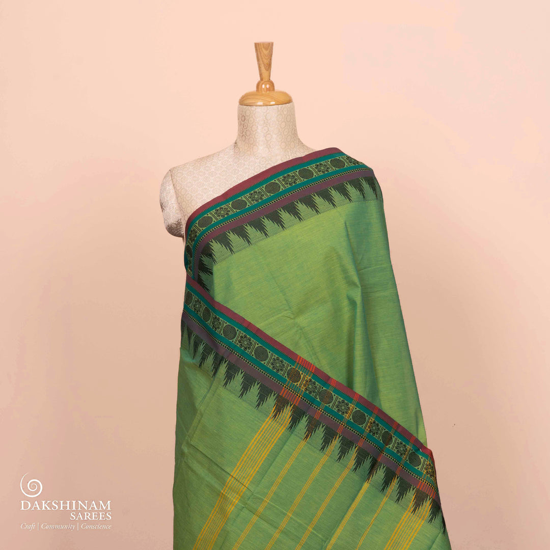 Pleats/body of Handwoven Lime Green Chettinad Cotton Saree