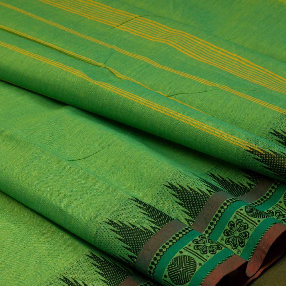 Closeup of Handwoven Lime Green Chettinad Cotton Saree