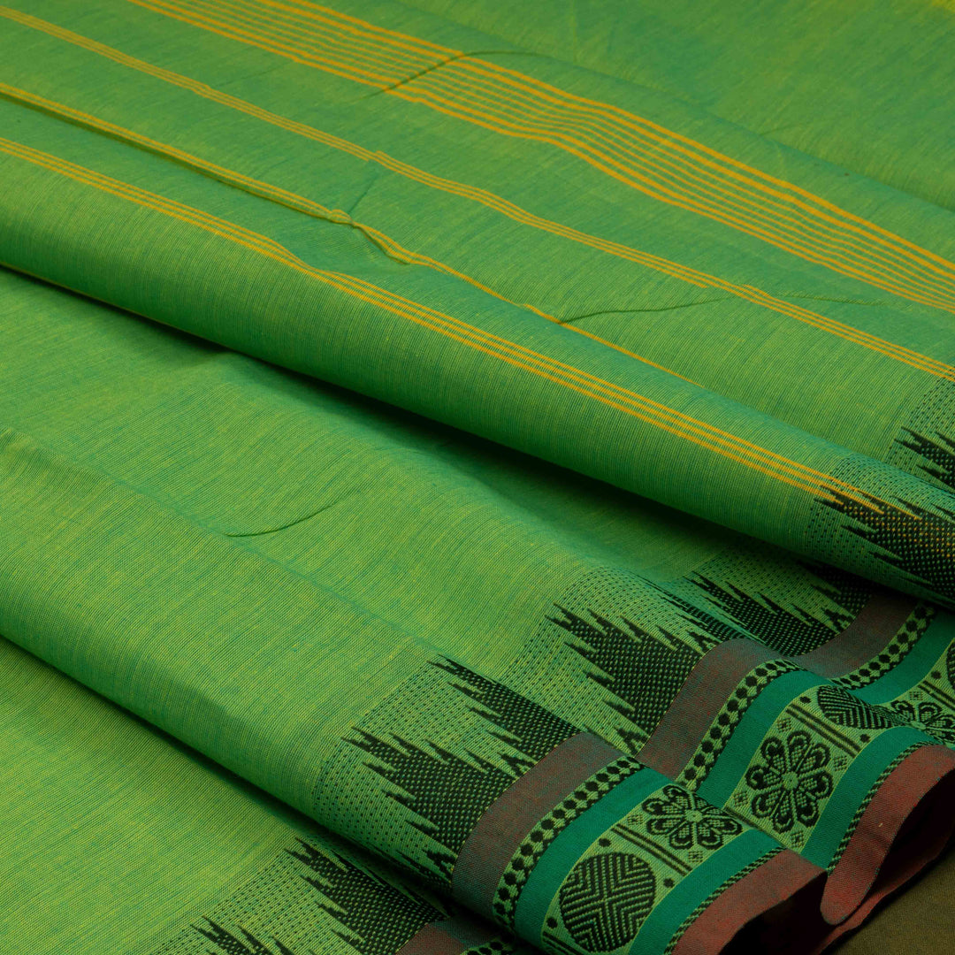 Closeup of Handwoven Lime Green Chettinad Cotton Saree