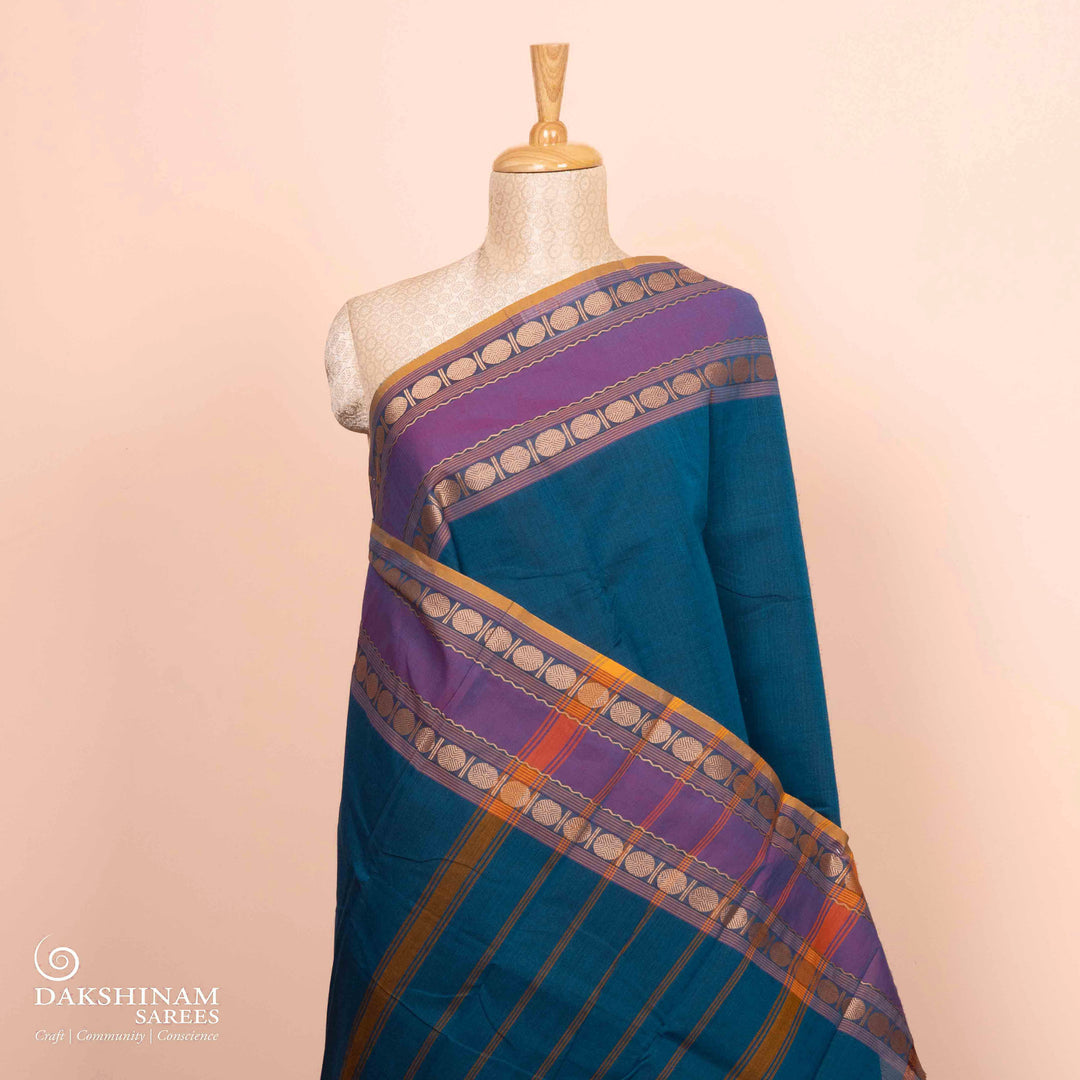 Pleats/body of Handwoven Blue with Purple Chettinad Cotton Saree