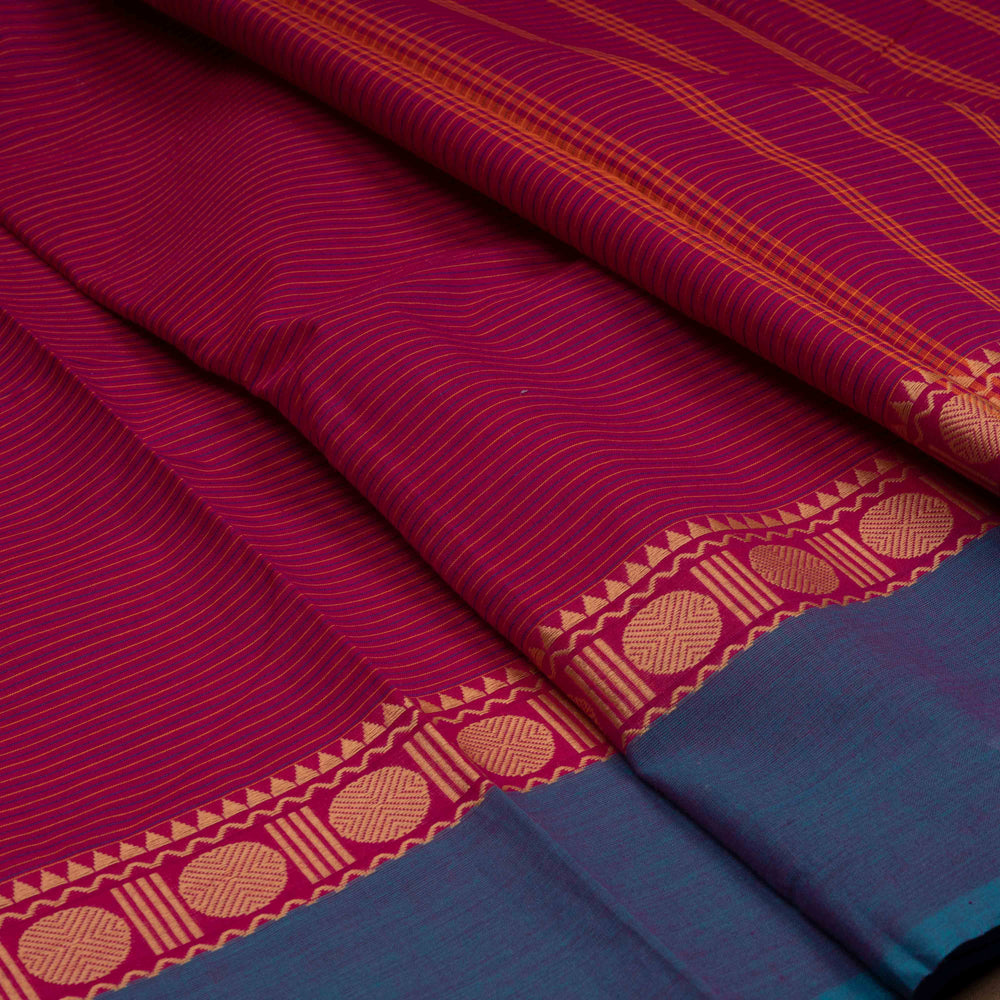 Closeup of Handwoven Pink with Ganga Jamuna border Chettinad Cotton Saree