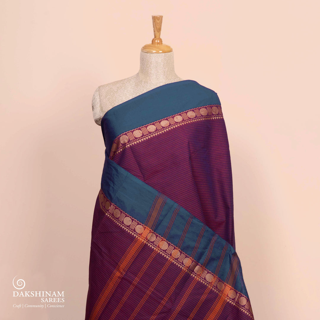 Pleats/body of Handwoven Purple with Ganga Jamuna border Chettinad Cotton Saree