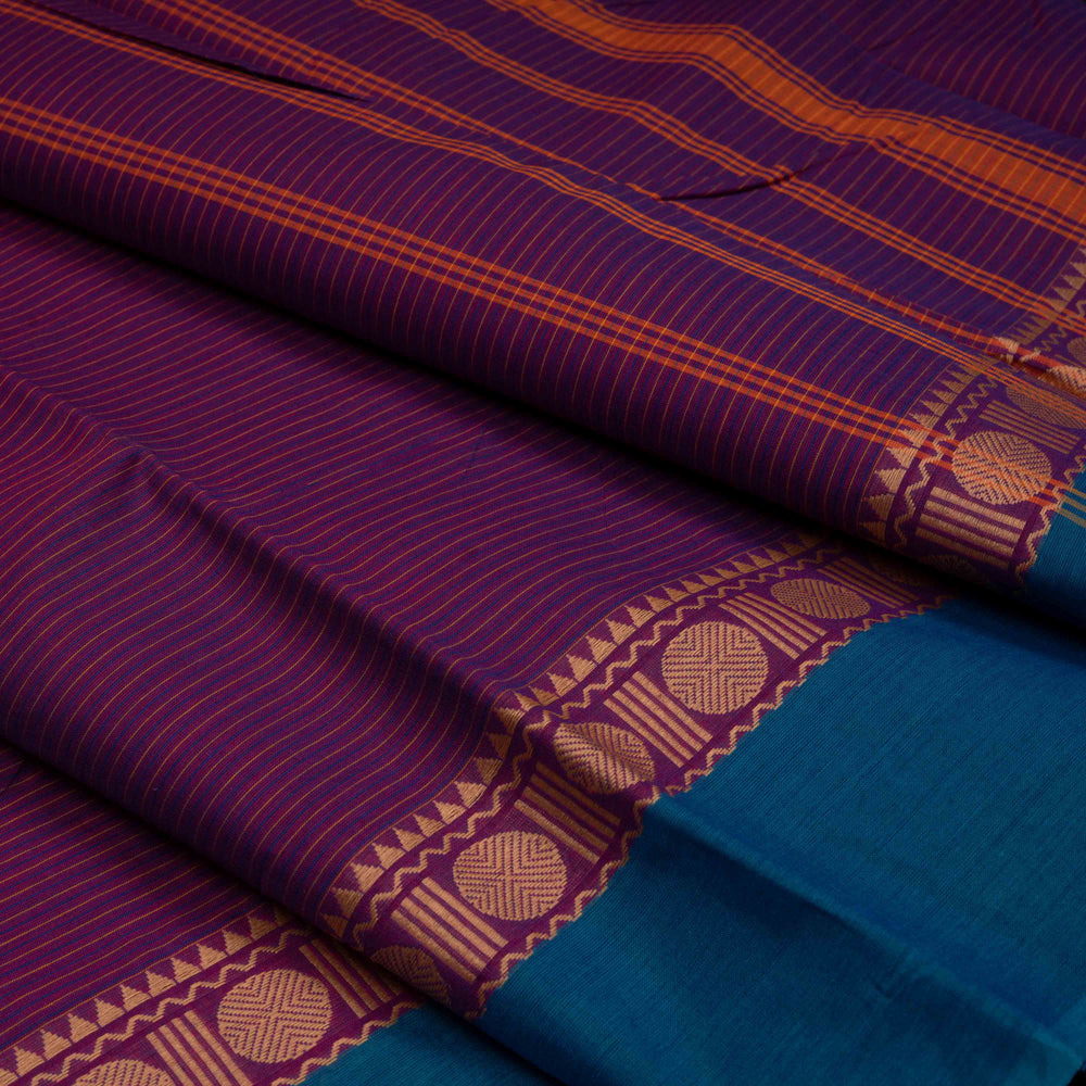 Closeup of Handwoven Purple with Ganga Jamuna border Chettinad Cotton Saree