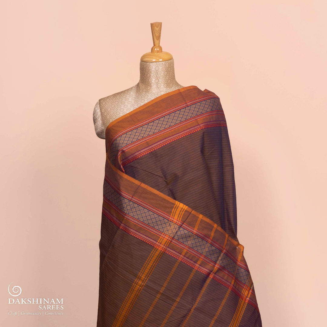 Pleats/body of Handwoven Grey with Orange border Chettinad Cotton Saree