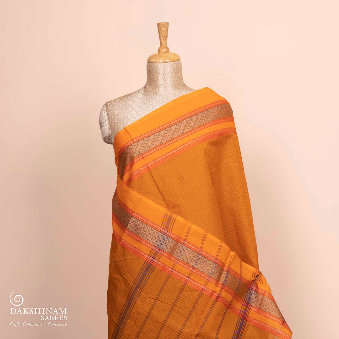Pleats/body of Handwoven Grey with Orange border Chettinad Cotton Saree
