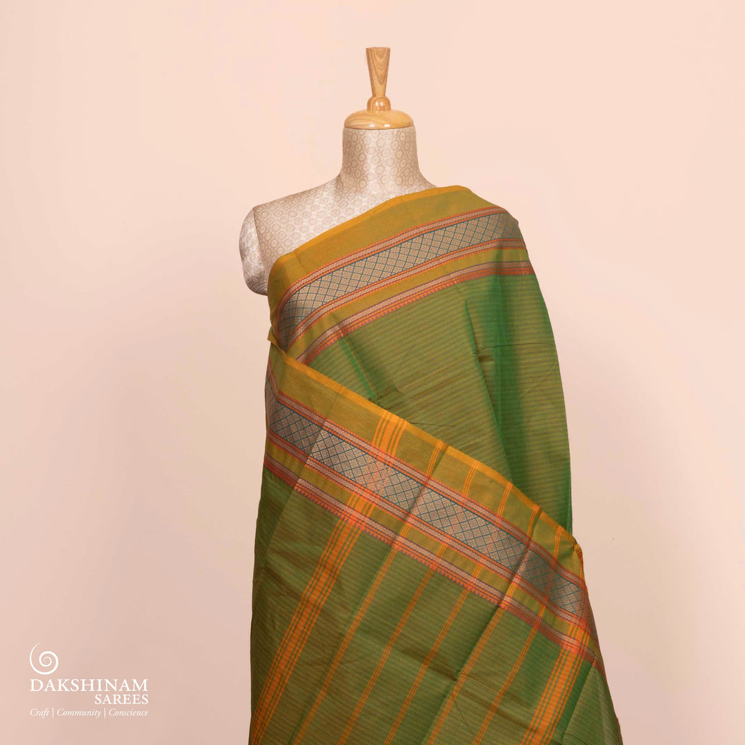 Pleats/body of Handwoven Green Chettinad Cotton Saree