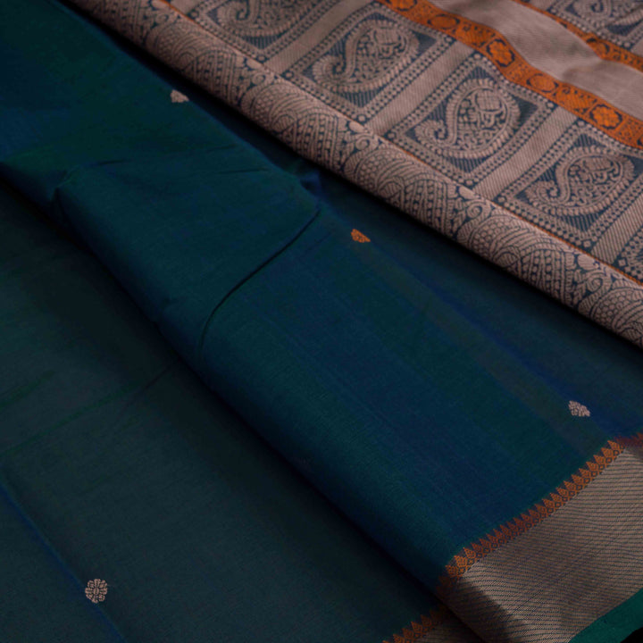 Closeup of Handwoven Blue Kanjivaram Cotton Saree