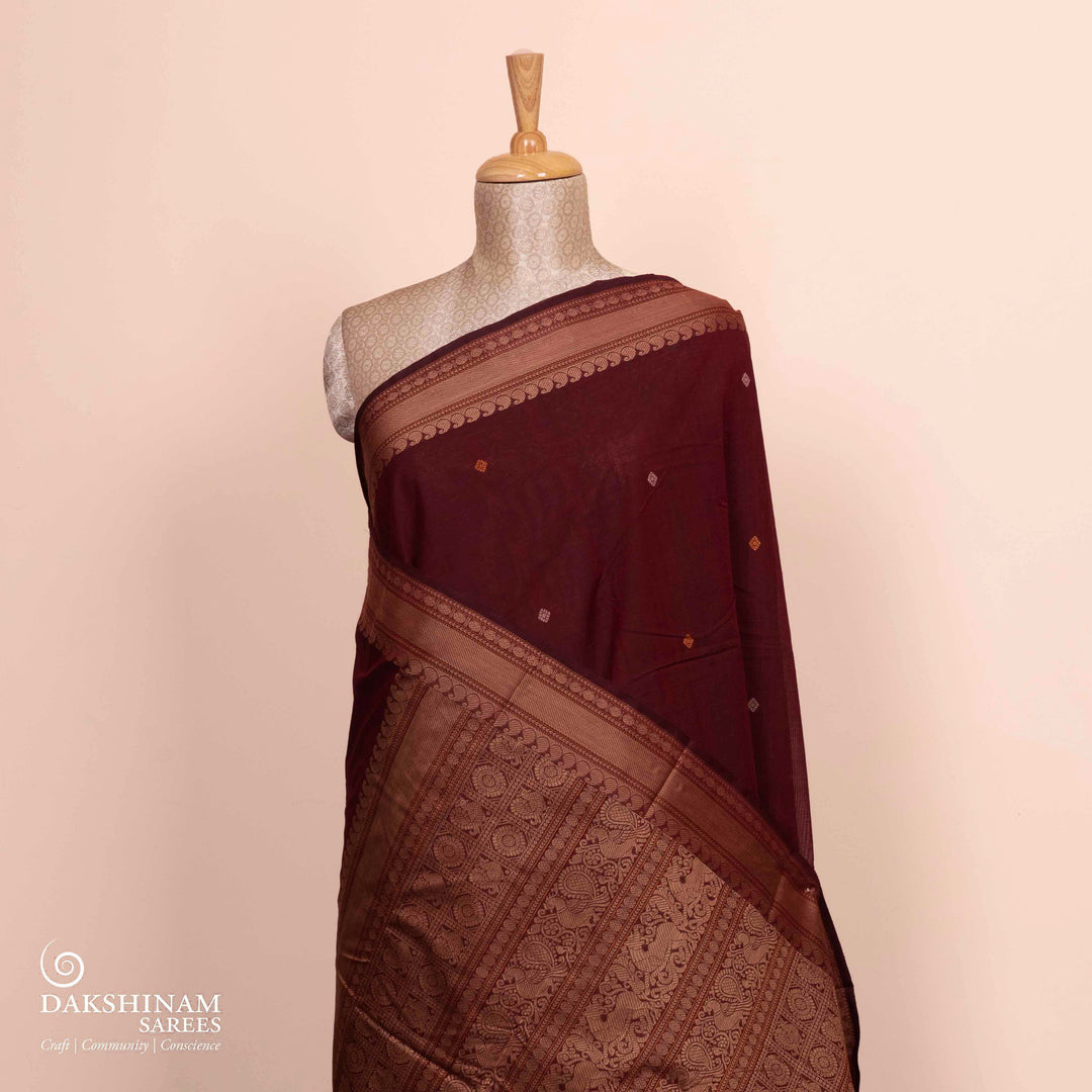 Pleats/body of Handwoven Maroon Kanjivaram Cotton Saree