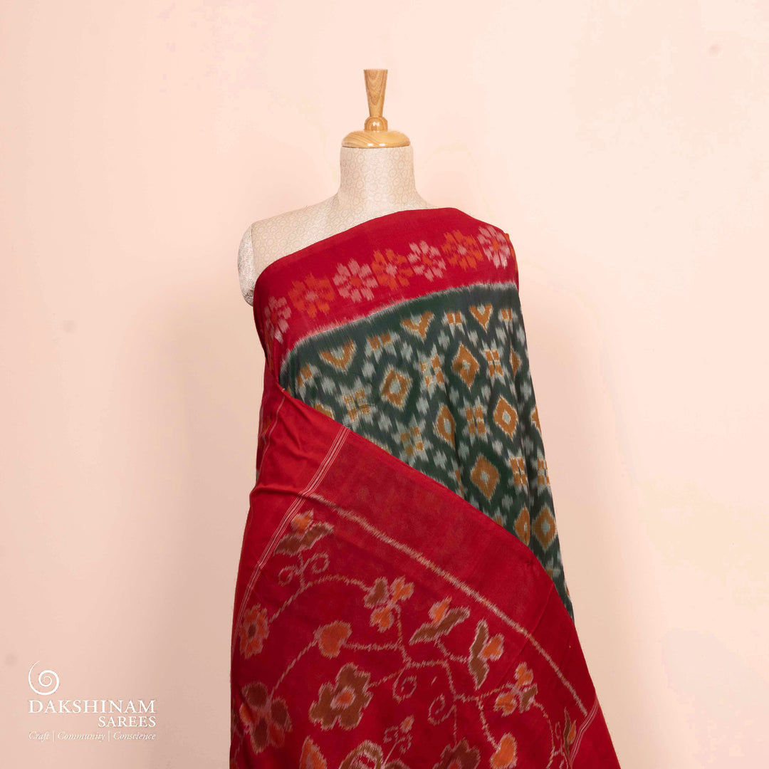 Pleats/body of  Handwoven Ikat Cotton Saree