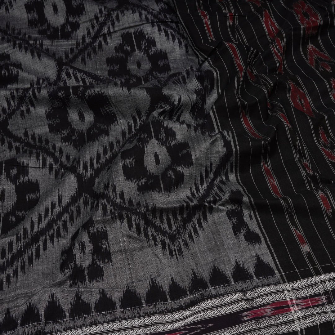 Handwoven Grey with Black Ikat Cotton Saree- 3040T015172DSC