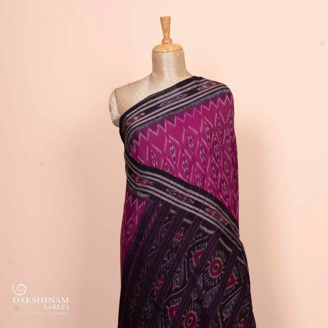 Pleats/body of Handwoven Pink with deep brown Ikat Cotton Saree