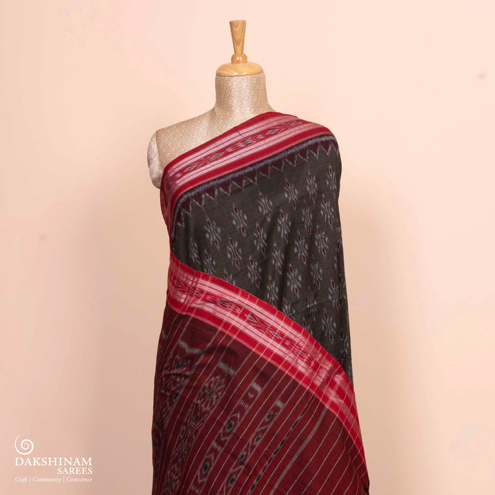 Pleats/body of Handwoven Grey with Red Ikat Cotton Saree