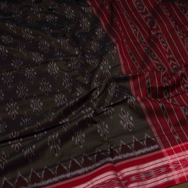 Closeup of Handwoven Grey with Red Ikat Cotton Saree