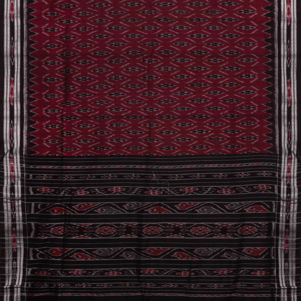 Pallu of Handwoven maroon with black Ikat Cotton Saree