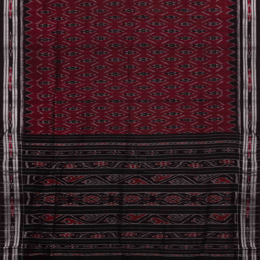 Pallu of Handwoven maroon with black Ikat Cotton Saree