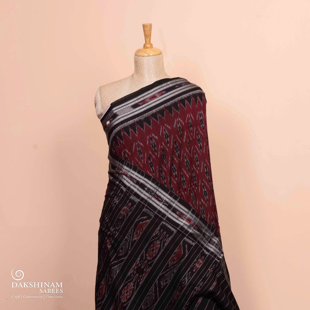 Pleats/body of Handwoven maroon with black Ikat Cotton Saree
