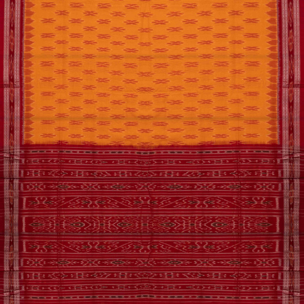 Pallu of Handwoven light orange with maroon Ikat Cotton Saree