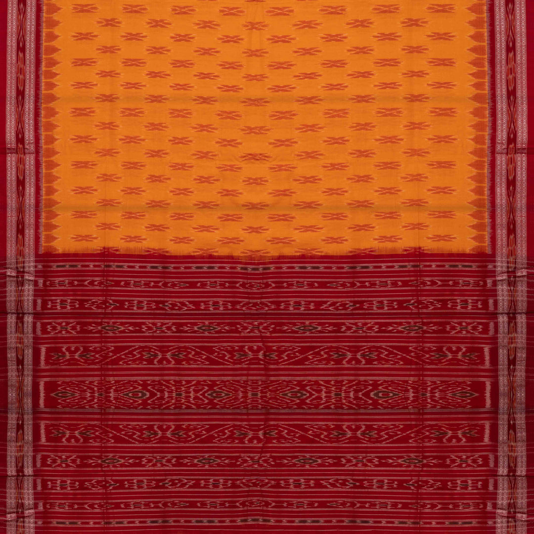 Pallu of Handwoven light orange with maroon Ikat Cotton Saree
