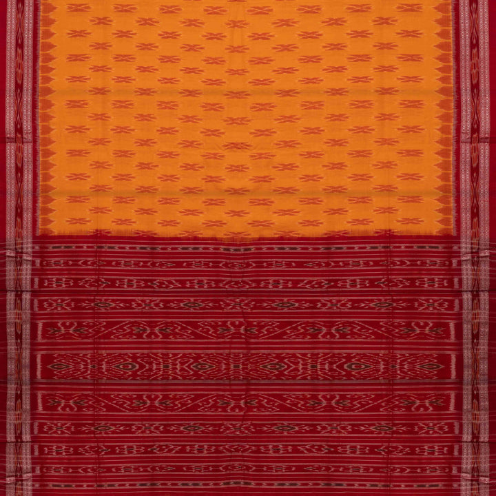Pallu of Handwoven light orange with maroon Ikat Cotton Saree