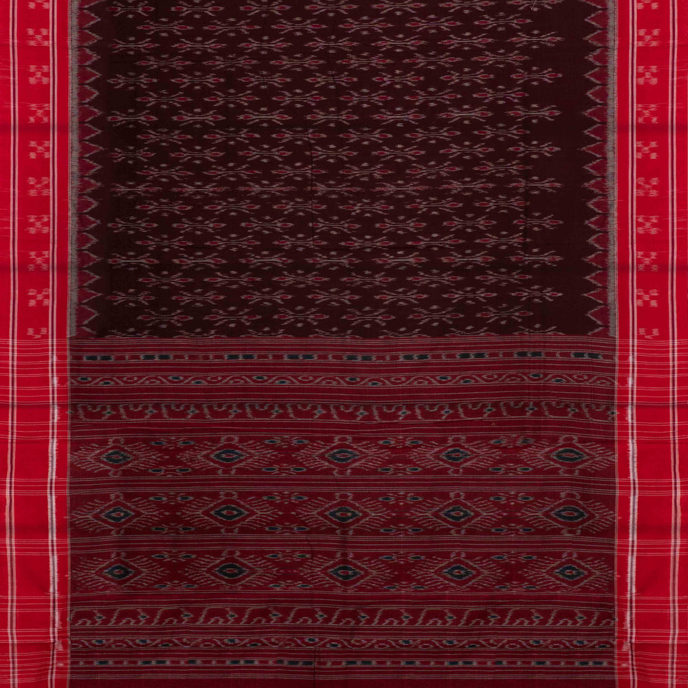 Pallu of Handwoven brown with red Ikat Cotton Saree
