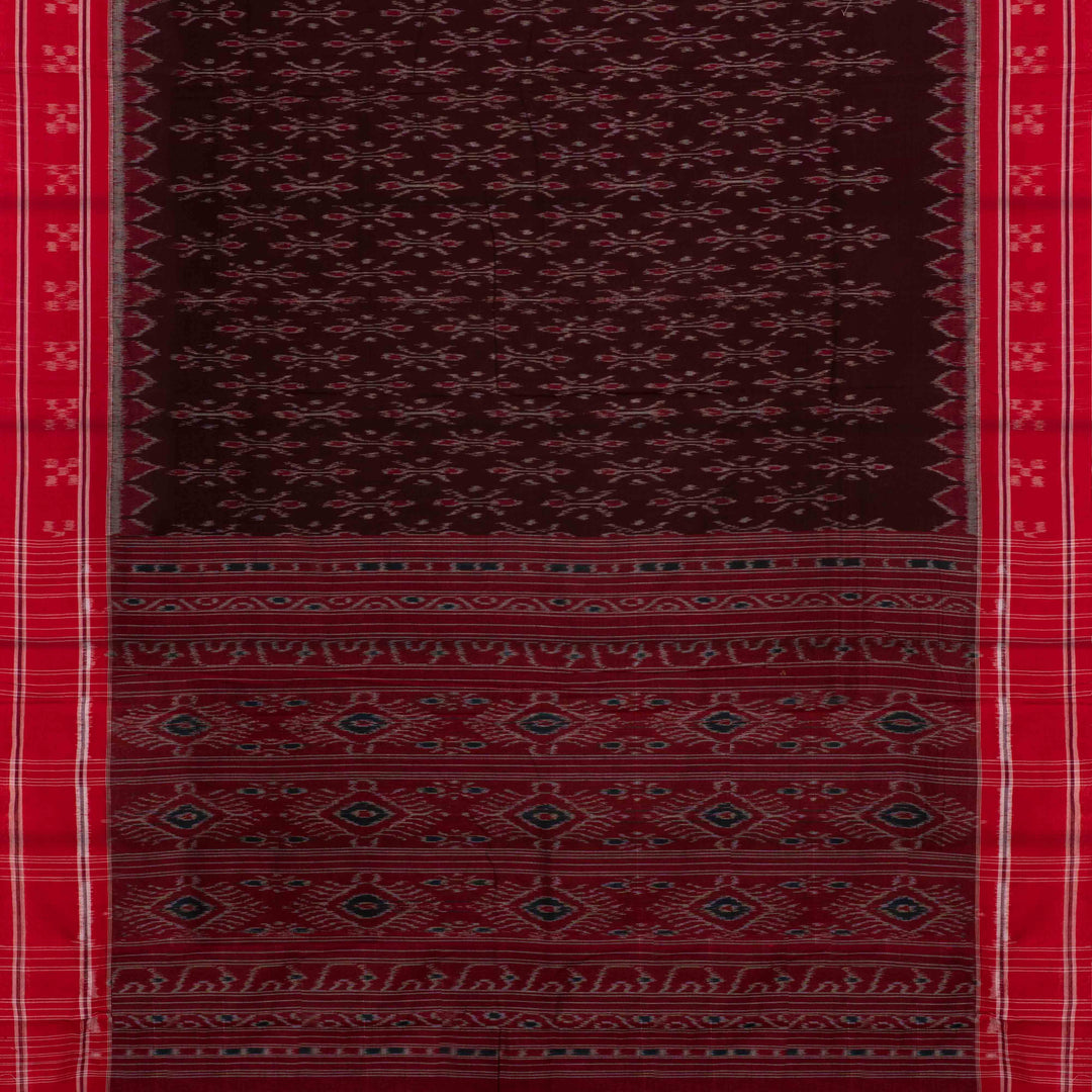 Pallu of Handwoven brown with red Ikat Cotton Saree