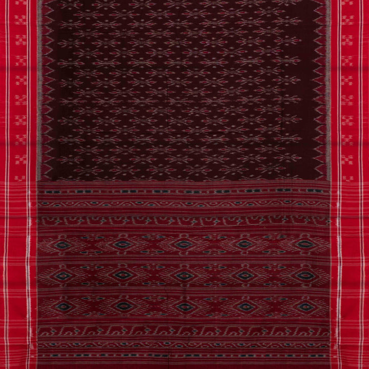 Pallu of Handwoven brown with red Ikat Cotton Saree