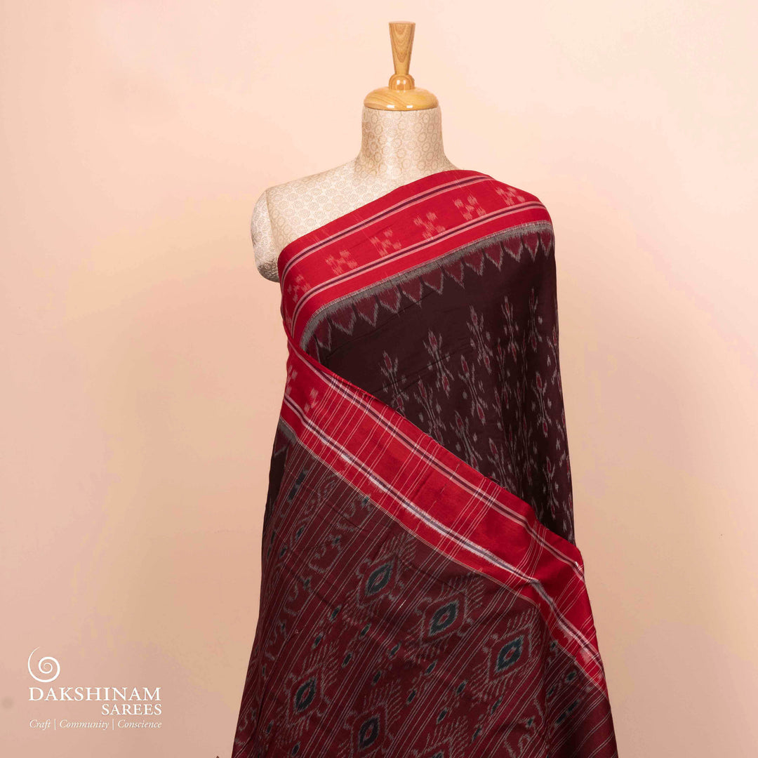 Plets/body of Handwoven brown with red Ikat Cotton Saree