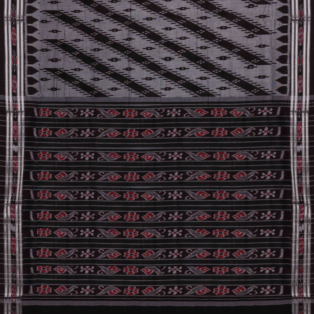 Pallu of Handwoven grey with black Ikat Cotton Saree