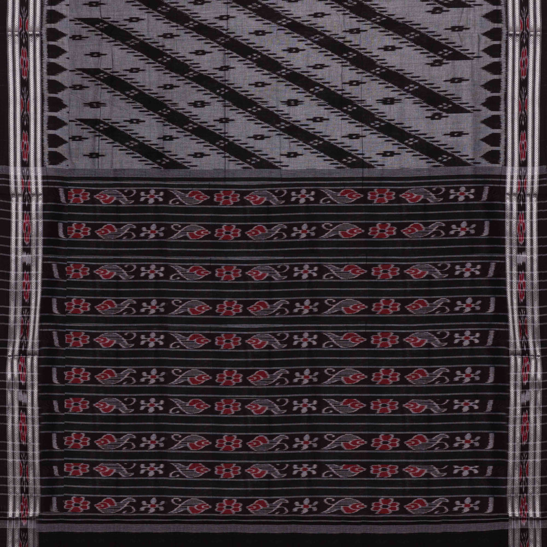 Pallu of Handwoven grey with black Ikat Cotton Saree