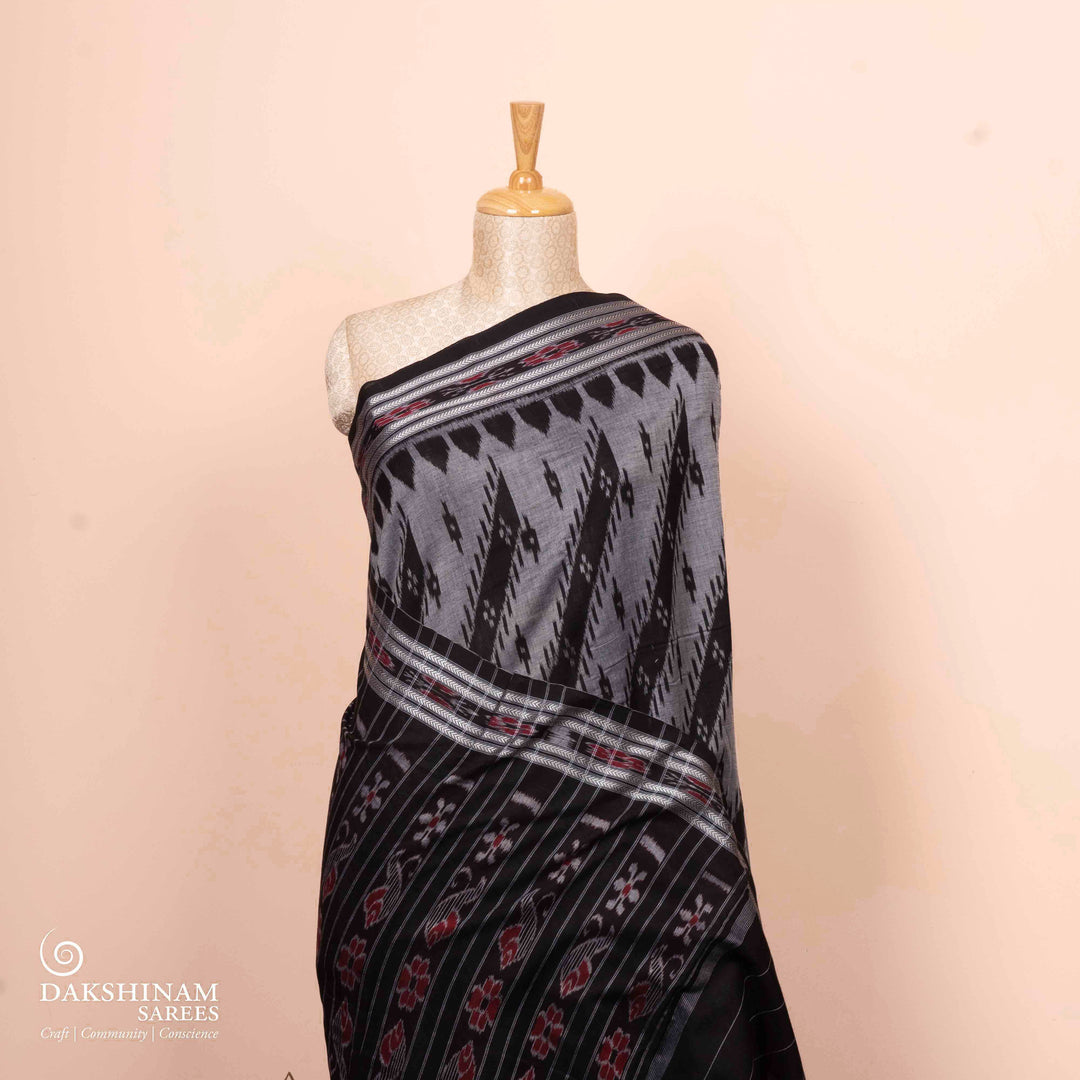 Pleats/body of Handwoven grey with black Ikat Cotton Saree