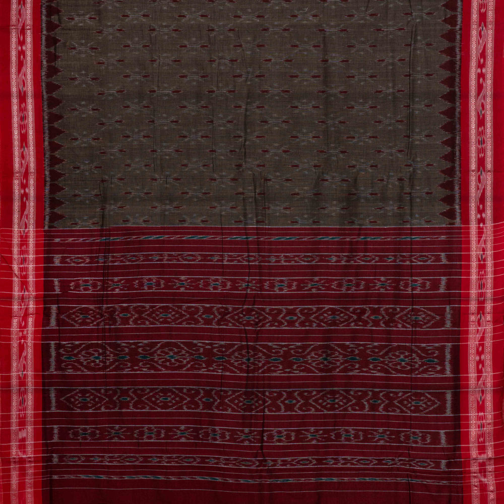 Pallu of Handwoven Brown with red Ikat Cotton Saree