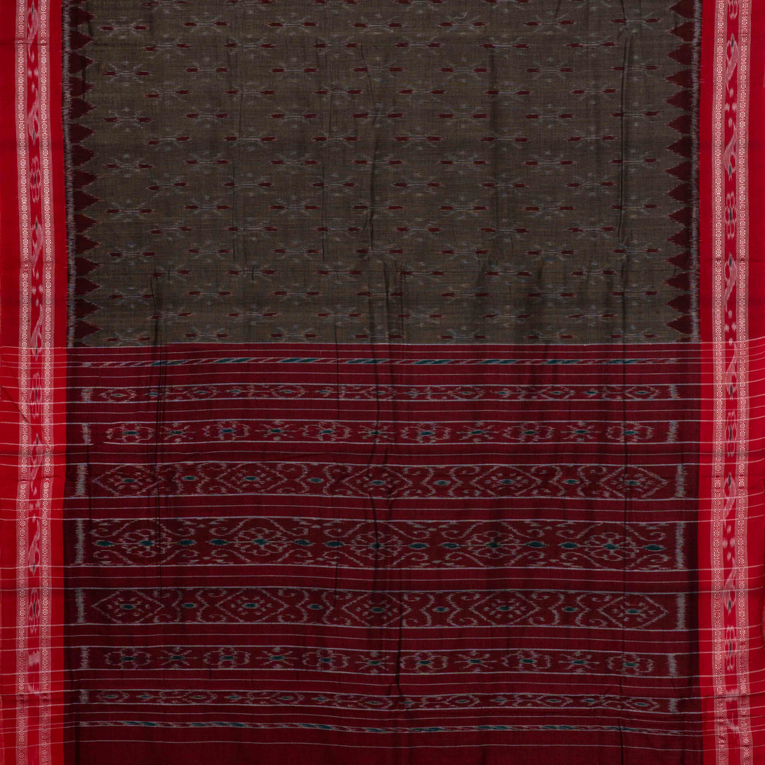 Pallu of Handwoven Brown with red Ikat Cotton Saree