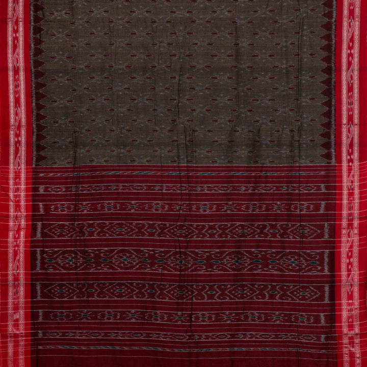 Pallu of Handwoven Brown with red Ikat Cotton Saree