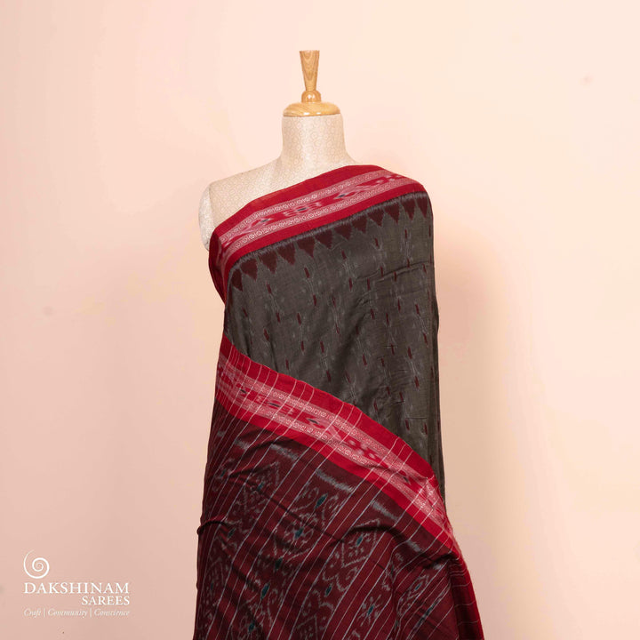 Pleats/body of Handwoven Brown with red Ikat Cotton Saree