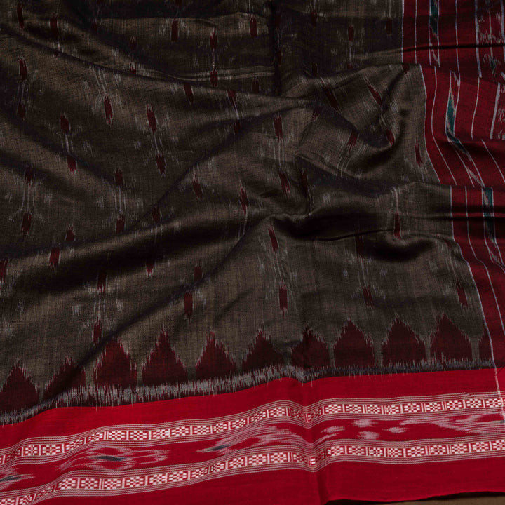 Closeup of Handwoven Brown with red Ikat Cotton Saree